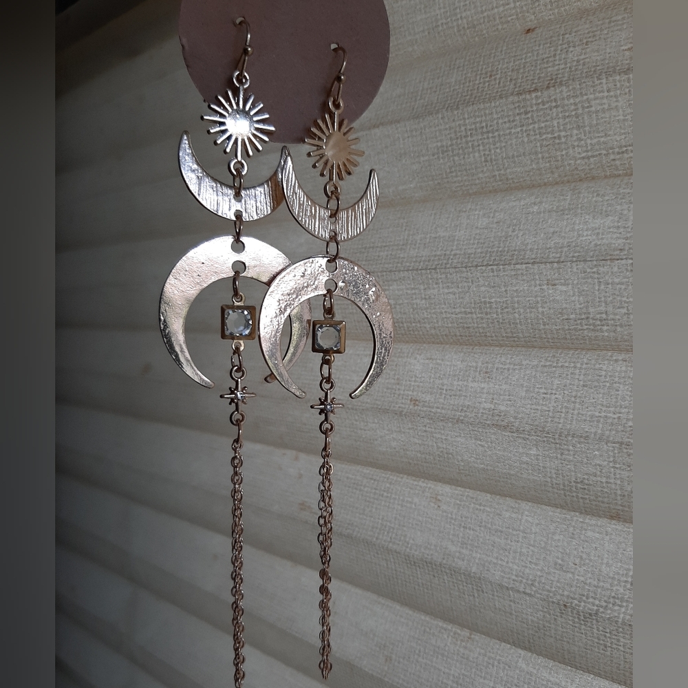 Elegant Gold Sun Crescent and Star Earrings